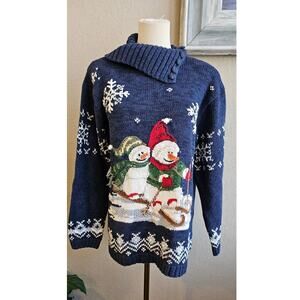 VTG Stitches In Time Women's Snowman Ski Holiday Snow Winter Sweater Size M Blue